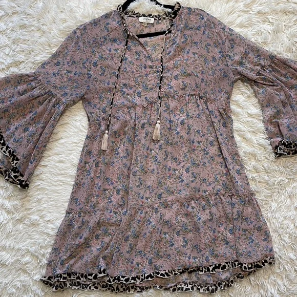 Umgee Leopard Trim Floral Boho Dress Tassel Tie 3/4 Sleeve Cottagecore Large - Picture 7 of 8